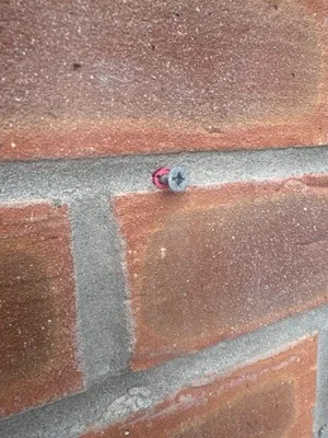 A red wall plug and screw left in a mortar joint in red brickwork.